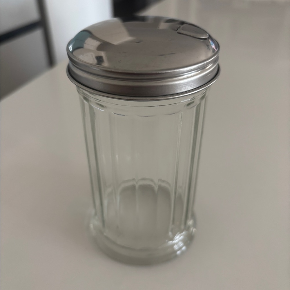 Vintage Glass Sugar Dispenser with Silver Lid - 5.5” x 3”